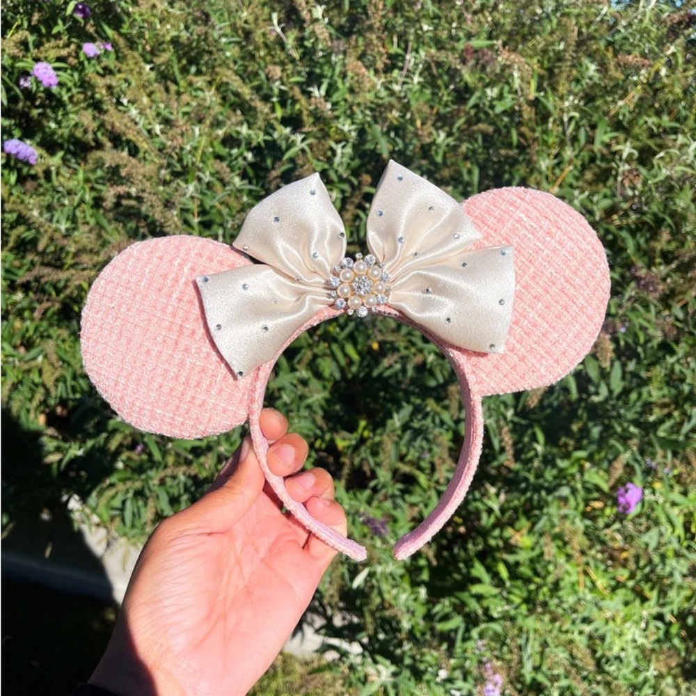 Pink Mouse Ears Headband with Cream Bow